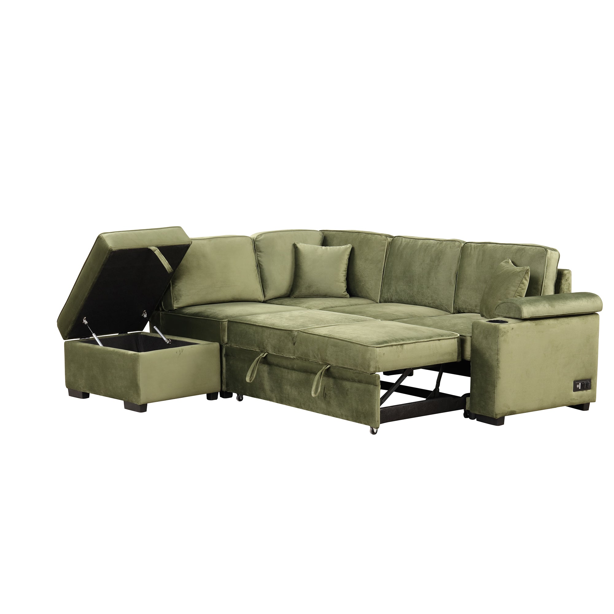 Green Velvet Sleeper Sofa Bed with Storage Ottoman, L Shape Pull Out Couch for Living Room and Bedroom - Grand Goldman Shop