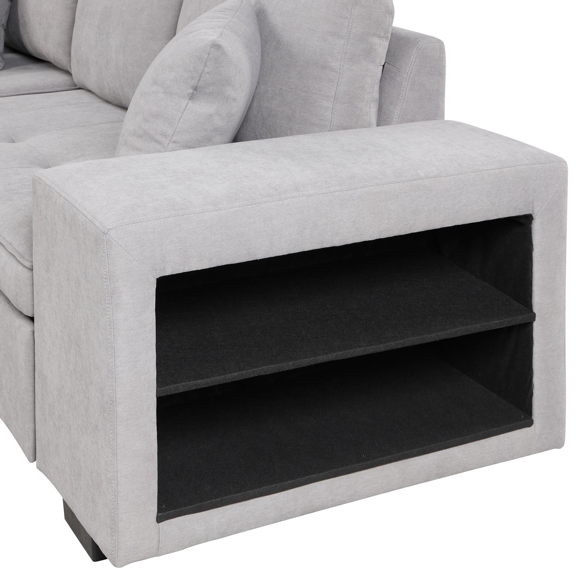 Modern Reversible L-Shape Pull Out Sleeper Sofa with Storage Chaise and Stools, Gray Linen, 104.5' - Grand Goldman Shop