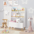 Kids Bookshelf White MDF and Pine Legs Book Organizer with Toy Storage, 26.77 x 12.60 x 36.61 inches | Premium Home Decor - G