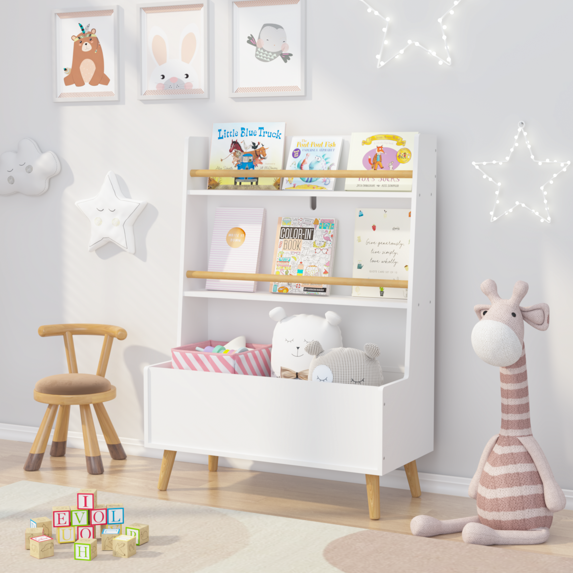 Kids Bookshelf White MDF and Pine Legs Book Organizer with Toy Storage, 26.77 x 12.60 x 36.61 inches | Premium Home Decor - G