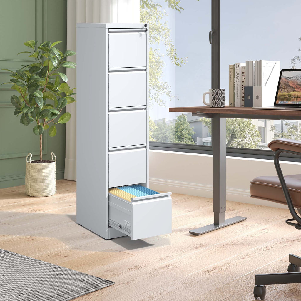 SteelCraft Pro 5 Drawer Metal Vertical File Cabinet with Lock in White for A4 Legal/Letter Size | Premium Home Decor - Grand 