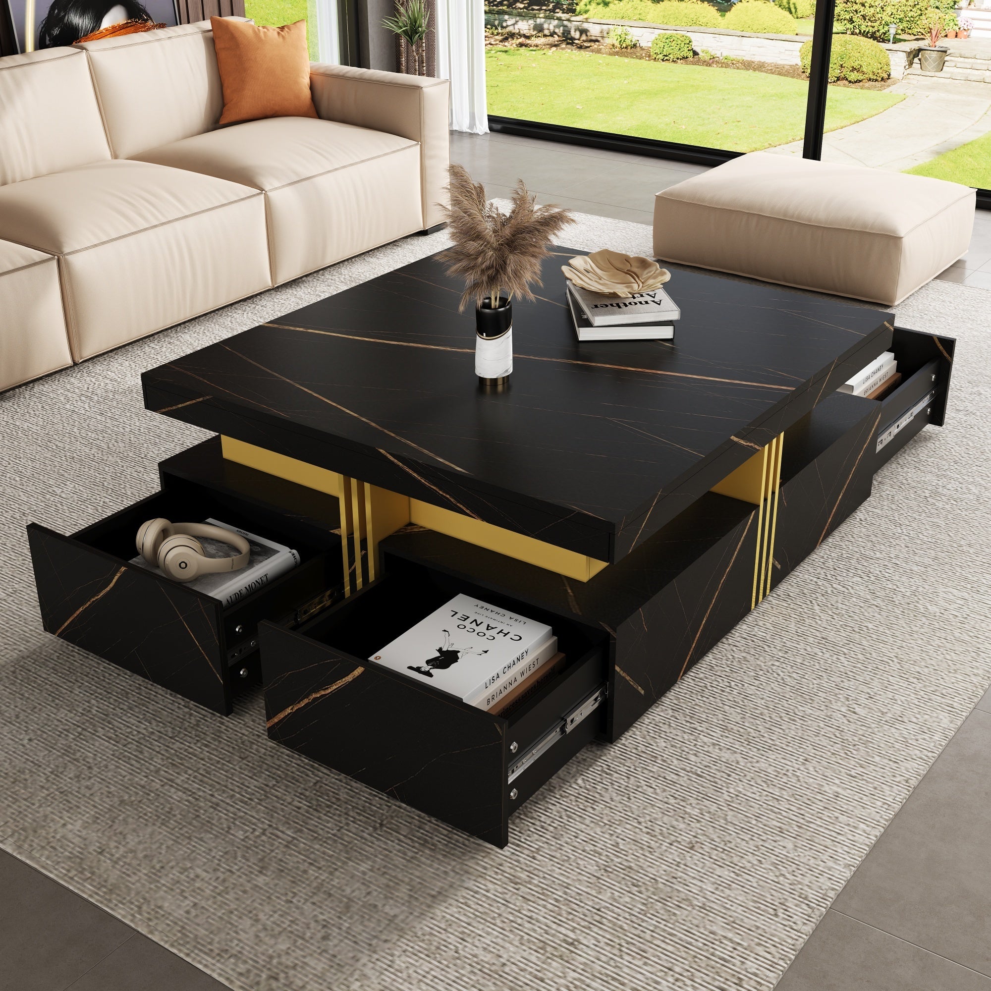Modern Black Square Storage Coffee Table With 4 Drawers - Grand Goldman Shop