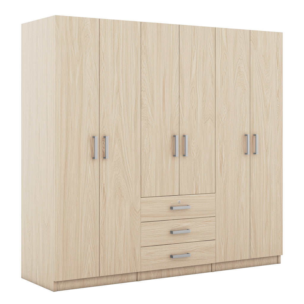 6-Doors Wooden Wardrobe Storage for Bedroom, with Big Drawers, Natural - Grand Goldman Shop