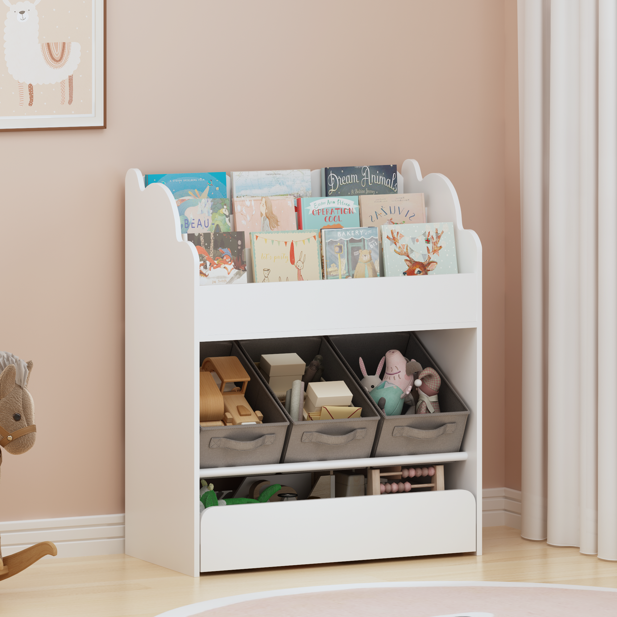 Kids Bookshelf with Storage Bins and Drawer, Multi-Functional Wooden Book Organizer for Toddlers, White Bookcase for Toys, Bo