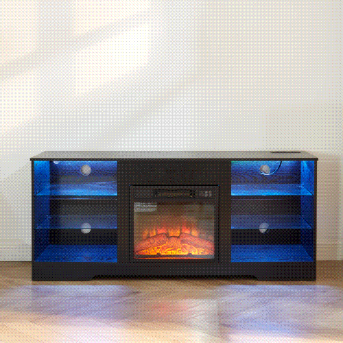 TV Stand Electric Fireplace TV Stand with Glass Shelves, 3D Fireplace TV Stand with LED Lights Wood with USB Charging Outlet Modern Television Table Center for TV up to 32-62' Black 58''W*15.4''D*24.6 - Grand Goldman Shop