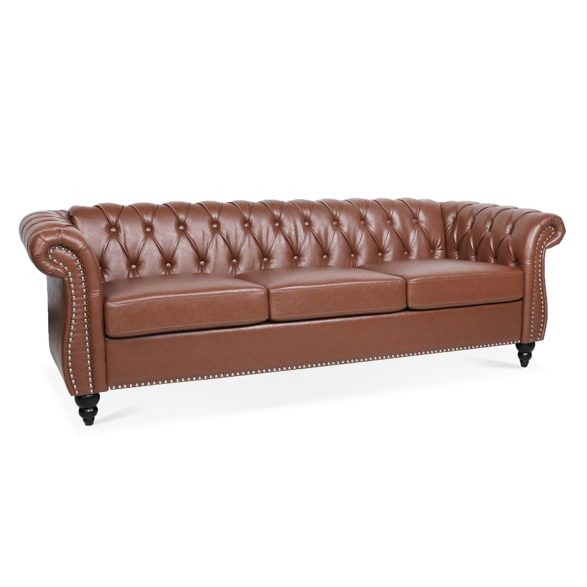 Classic Chesterfield Three Seater Sofa Brown PU Leather with Rolled Arms and Birch Legs 84.65 Inches - Grand Goldman Shop