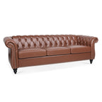 Classic Chesterfield Three Seater Sofa Brown PU Leather with Rolled Arms and Birch Legs 84.65 Inches - Grand Goldman Shop