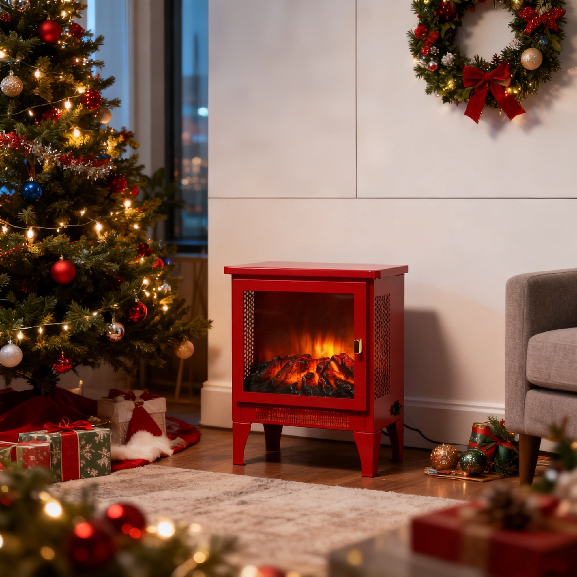 18 inch Freestanding Electric Fireplace Stove heater with 3D Flame effect,Classic Red - Grand Goldman Shop
