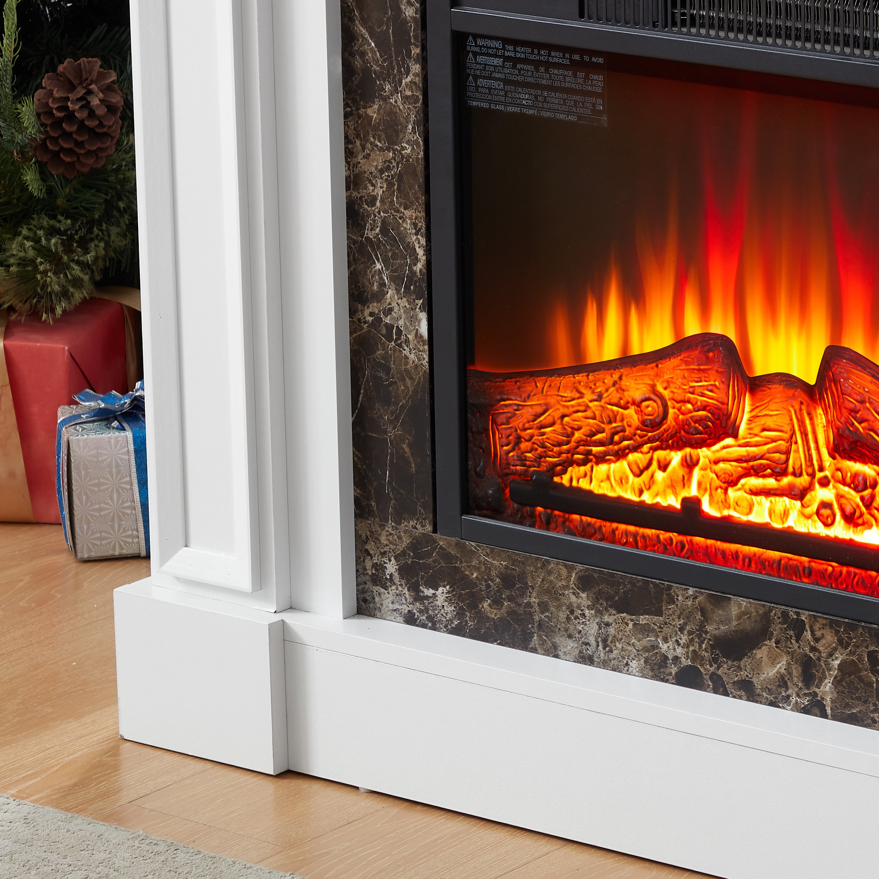 Electric Fireplace with Mantel, Fireplace Mantel, Fireplace Heater Freestanding, Realistic Stacked Stone Surround with Remote Control Timer LED Flame, White, 45.66'W*11.8'D*40'H - Grand Goldman Shop