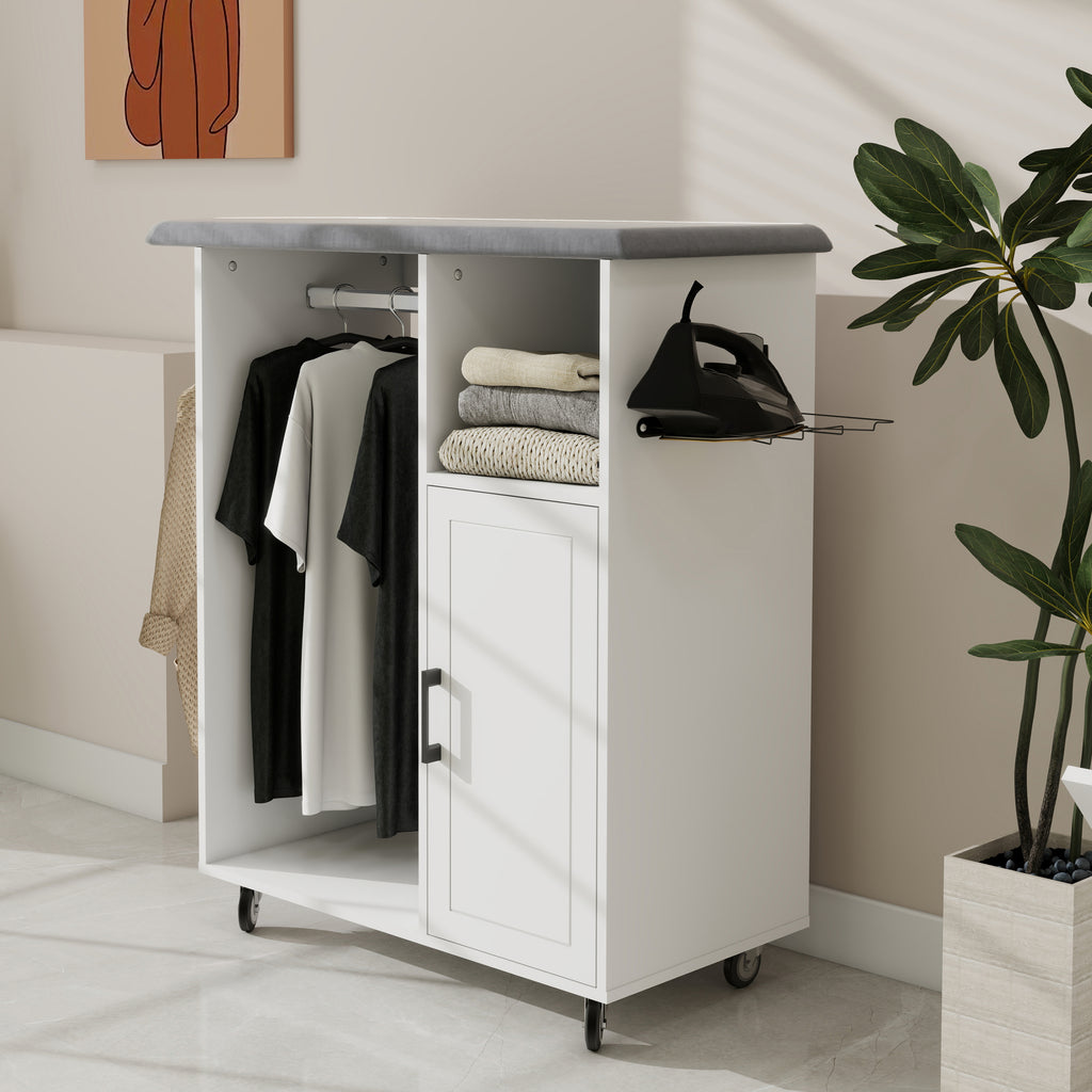 Ironing Cart with Rolling Ironing Board, Multipurpose Ironing Cabinet with Wheels, Compact Ironing Solution for Laundry Room, Bedroom,Cloakroom-White - Grand Goldman Shop