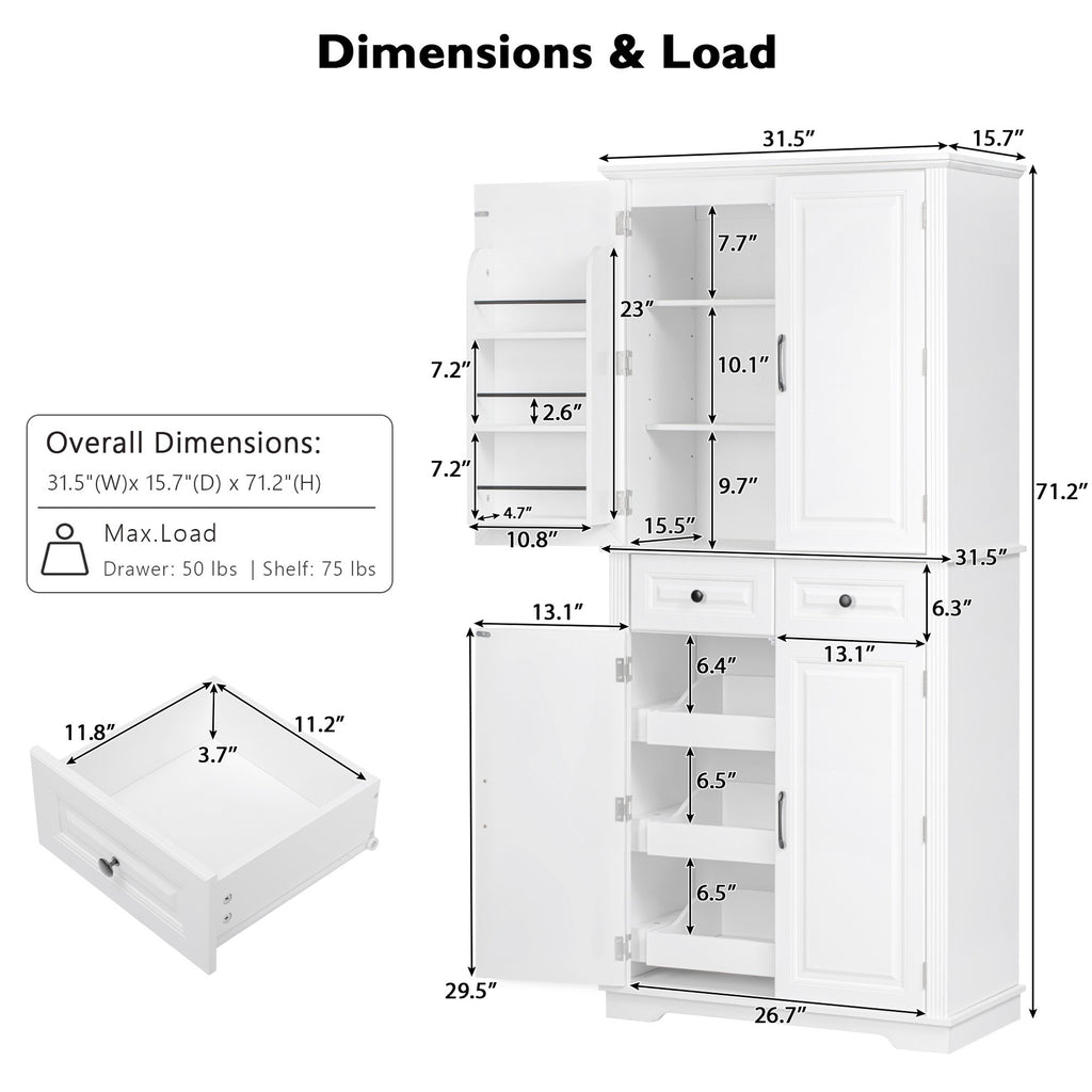 K&K 71' Tall Kitchen Pantry Cabinet with 3 Pull Out Cabinet Organizers, Farmhouse Embossed Texture Storage Cabinet with 6 Door Shelves, 2 Drawers, Freestanding Cupboard for Kitchen, Dining Room White - Grand Goldman Shop