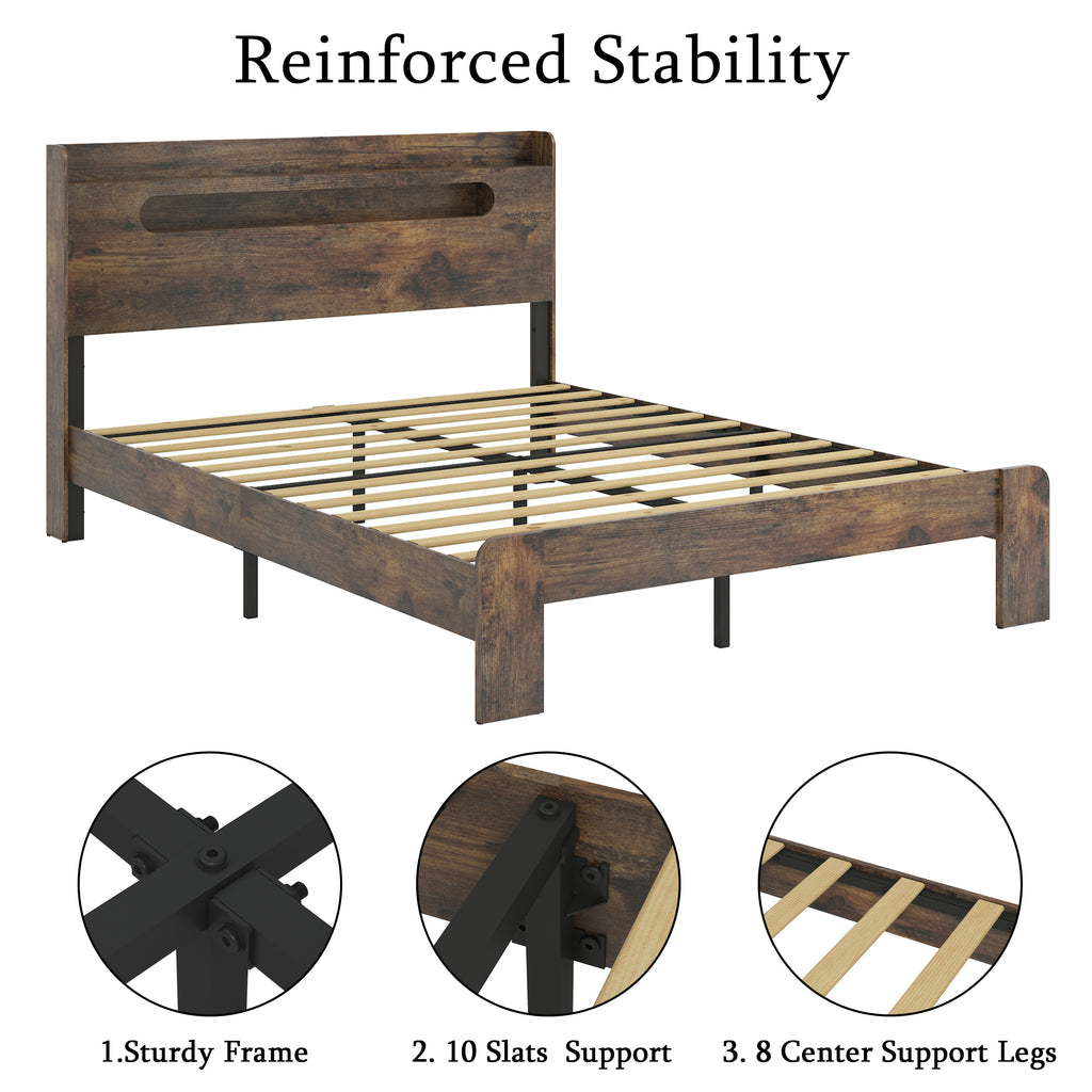 Bed Frame Queen Size, Wood Platform Bed Frame with Storage LED Light Headboard and 2 USB , Noise Free,No Box Spring Needed and Easy Assembly Tool,Large Under Bed Storage,Dark Brown - Grand Goldman Shop