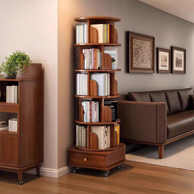 (UPGRADED) Rotating Bookshelf, 360 Display Corner Bookshelf for Small Space, 6 Tier Bookcase Storage Rack with Wheels, Wood Narrow Organizer for Bedroom, Living Room, Study Room, Walnut Brown - Grand Goldman Shop