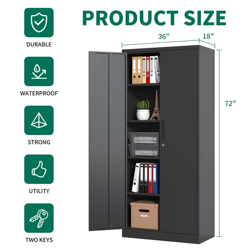 Heavy Metal 72'H Garage Storage Cabinet with Locking Doors, Black Steel, Adjustable Shelves | Premium Home Decor - Grand Gold