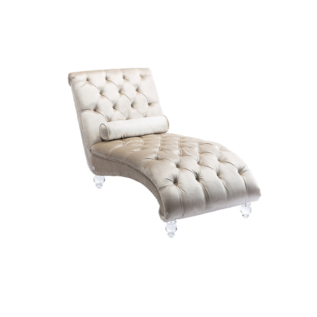 Velvet Chaise Lounge Indoor, Button-Tufted Upholstered Chair with Pillow, Beige Velvet, 63.38x28.94x34.05 inches - Grand Goldman Shop