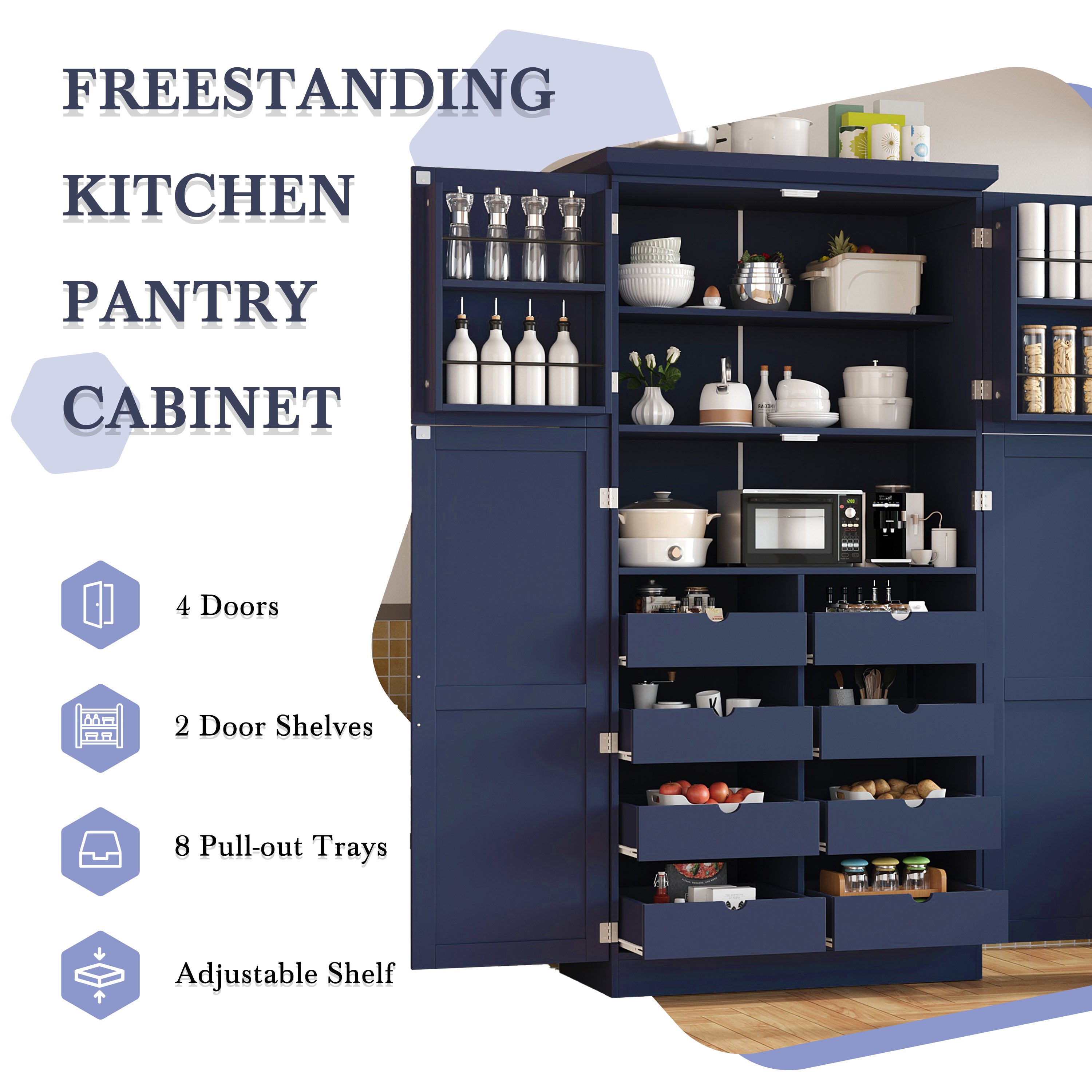[Assembly Video Provided] TOPMAX 35.5x17.6x70.9inch Freestanding Kitchen Pantry Cabinet, Tall Storage Cabinet with 4 Doors, 2 Door Shelves, 8 Pull-out Trays and Adjustable Shelf for Dining Room, Blue - Grand Goldman Shop