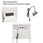 Open Space and 2 Drawers Dresser Nightstand with Charging Station, Farmhouse End Table with USB Ports and Outlets, Fluted Pilasters Design Side Table with Solid Wood Legs for Bedroom - Grand Goldman Shop