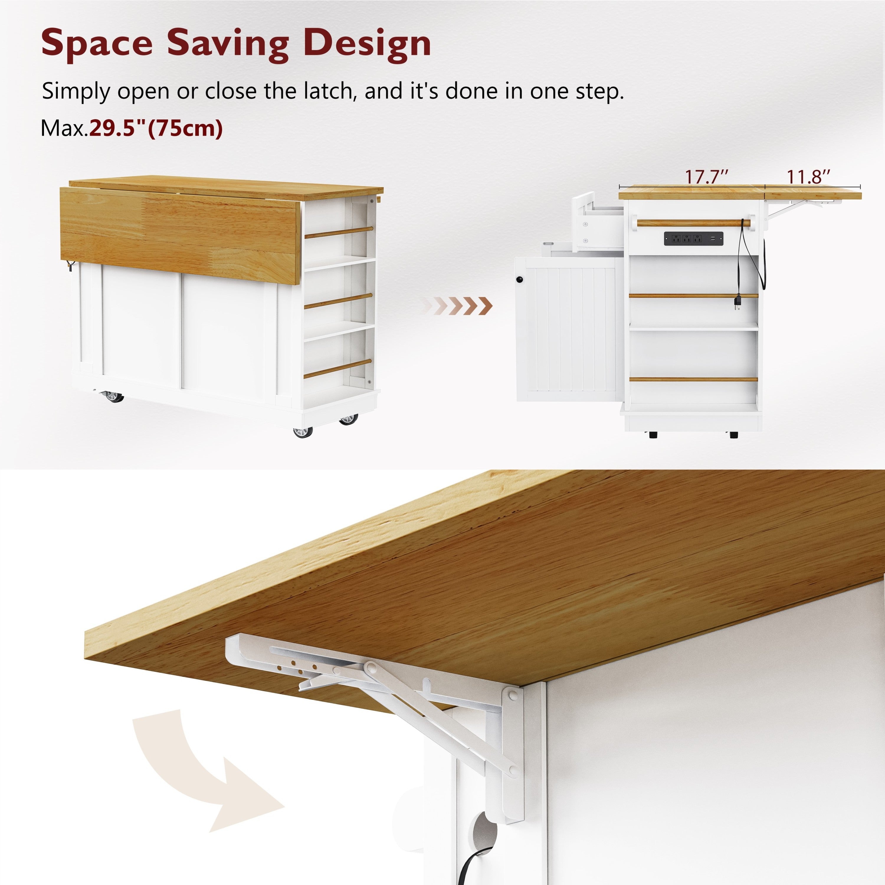48 inch Kitchen Island with Drop Leaf,Power Outlet,Internal Storage Rack,Rolling Kitchen Storage Cart on 5 Wheels with 5 Open Side Racks for Kitchen,White (Old SKU N707P257057W)(Not Include Stools) - Grand Goldman Shop