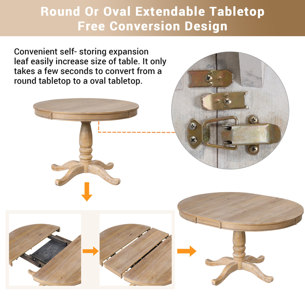 Modern Natural Wood Wash Dining Table Set for 4 with Round Table and Chairs, Solid Wood and MDF - Grand Goldman Shop