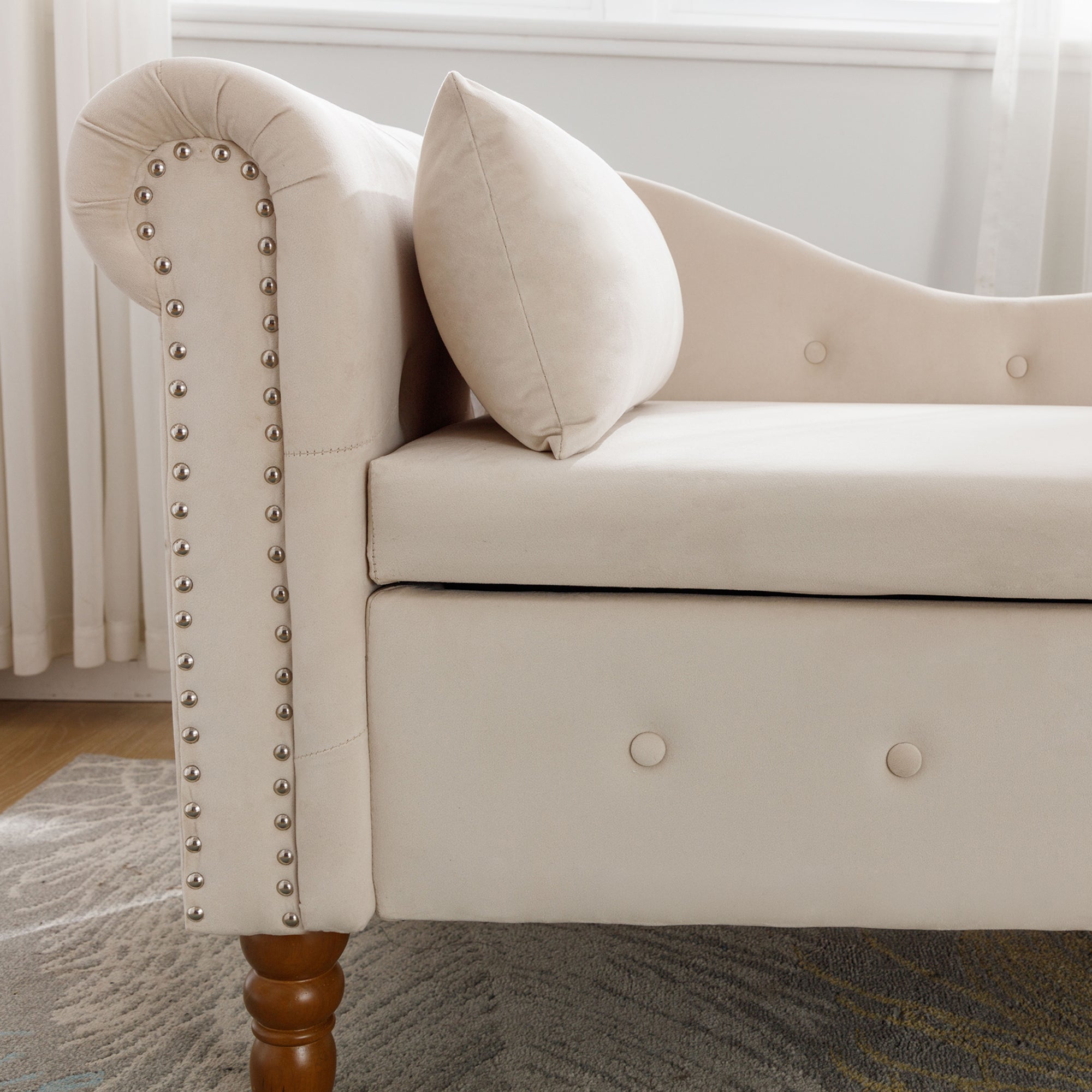 Beige Chaise Lounge Indoor, Velvet Lounge Chair for Bedroom with Storage & Pillow, Modern Upholstered Rolled Arm Chase Lounge for Sleeping with Nailhead Trim for Living Room Bedroom Office - Grand Goldman Shop