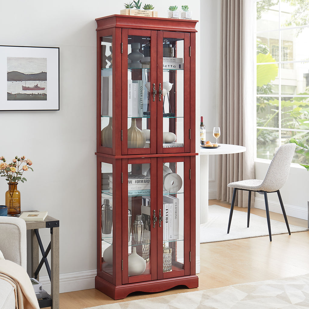 Lighted Glass Curio Display Cabinet,Display Cabinet,Glass Storage Cabinet Glass Wine cabinet Wood Frame Toy Display for Living Room, Kitchen, Pantry light bulb included Cherry - Grand Goldman Shop