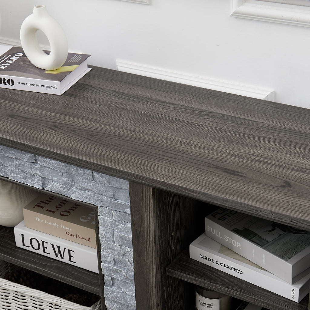 Mantel Stone TV Media Stand with with Faux Stacked Stone Surround, Modern Entertainment Console with Open Storage Space,Grey, 58.31'W*15.39'D*26.06'H - Grand Goldman Shop