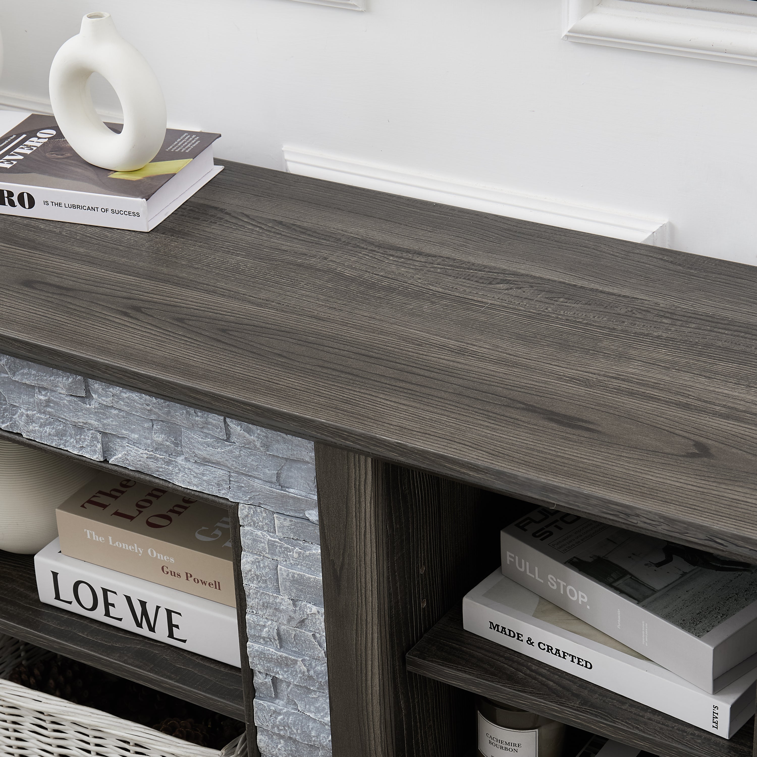 Mantel Stone TV Media Stand with with Faux Stacked Stone Surround, Modern Entertainment Console with Open Storage Space,Grey, 58.31'W*15.39'D*26.06'H - Grand Goldman Shop