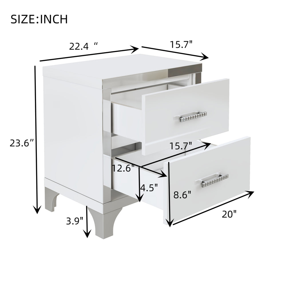 Elegant High Gloss Nightstand with Metal Handle,Mirrored Bedside Table with 2 Drawers for Bedroom,Living Room,White - Grand Goldman Shop