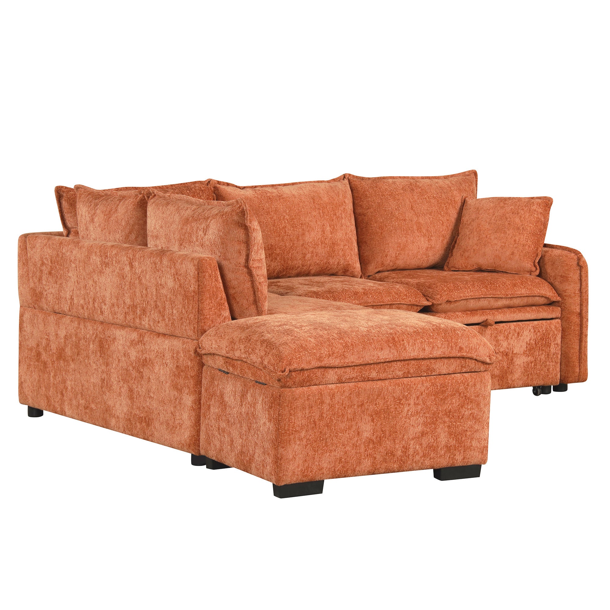 Convertible L-shaped Sofa Bed with Storage Ottoman, Power Sockets & USB Ports, Orange Chenille, 82.67' - Grand Goldman Shop