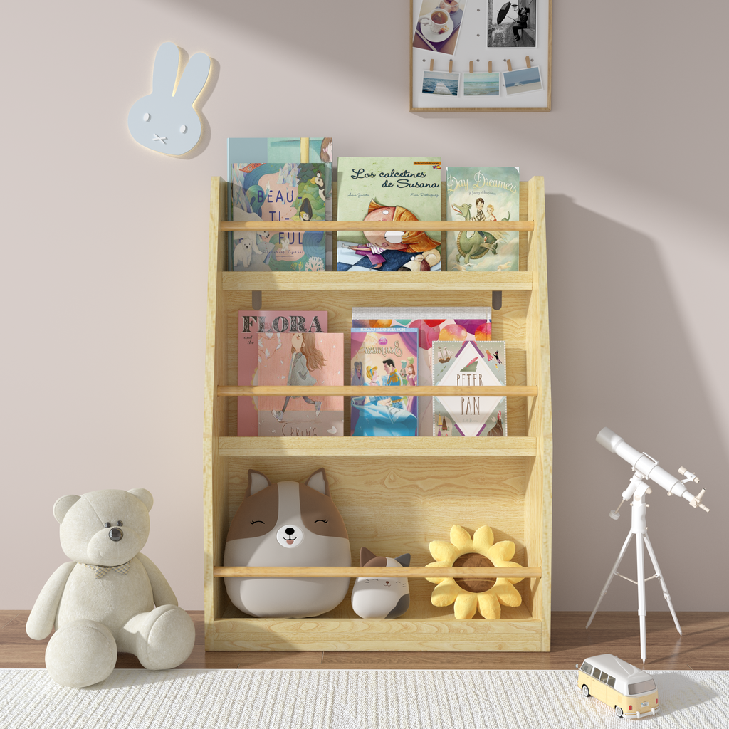3 Tier Kids Book Shelf, Natural Finish MDF & Pine Wood Storage Rack for Playrooms, Bedrooms, and Classrooms | Premium Home De