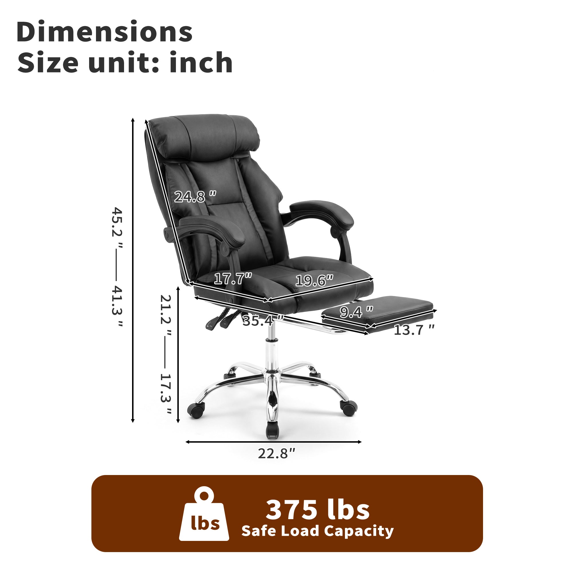 Executive Office Chair with Foot Rest, Adjustable Height High Back Reclining Gaming Chair in Black PU Leather with Metal & Wo