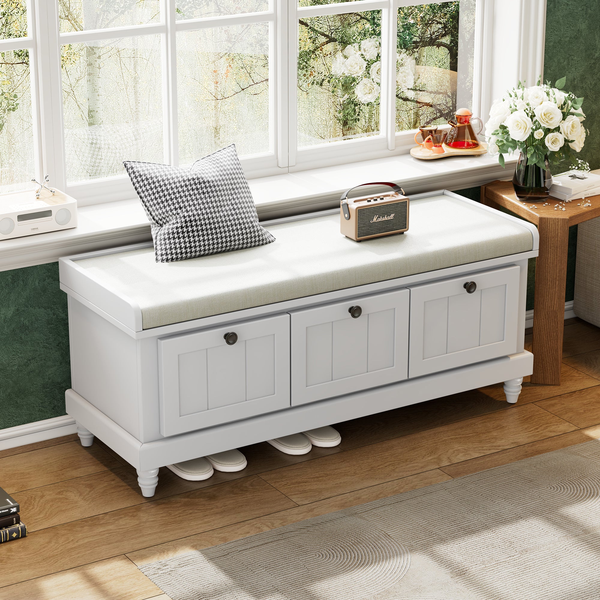 TREXM Classic Shoe Bench with Cushion and Three Drawers, Fluted Entryway Bench with Storage for Living Room, Entryway, and Hallways (Light Gray, OLD SKU: N715P207812E ) - Grand Goldman Shop