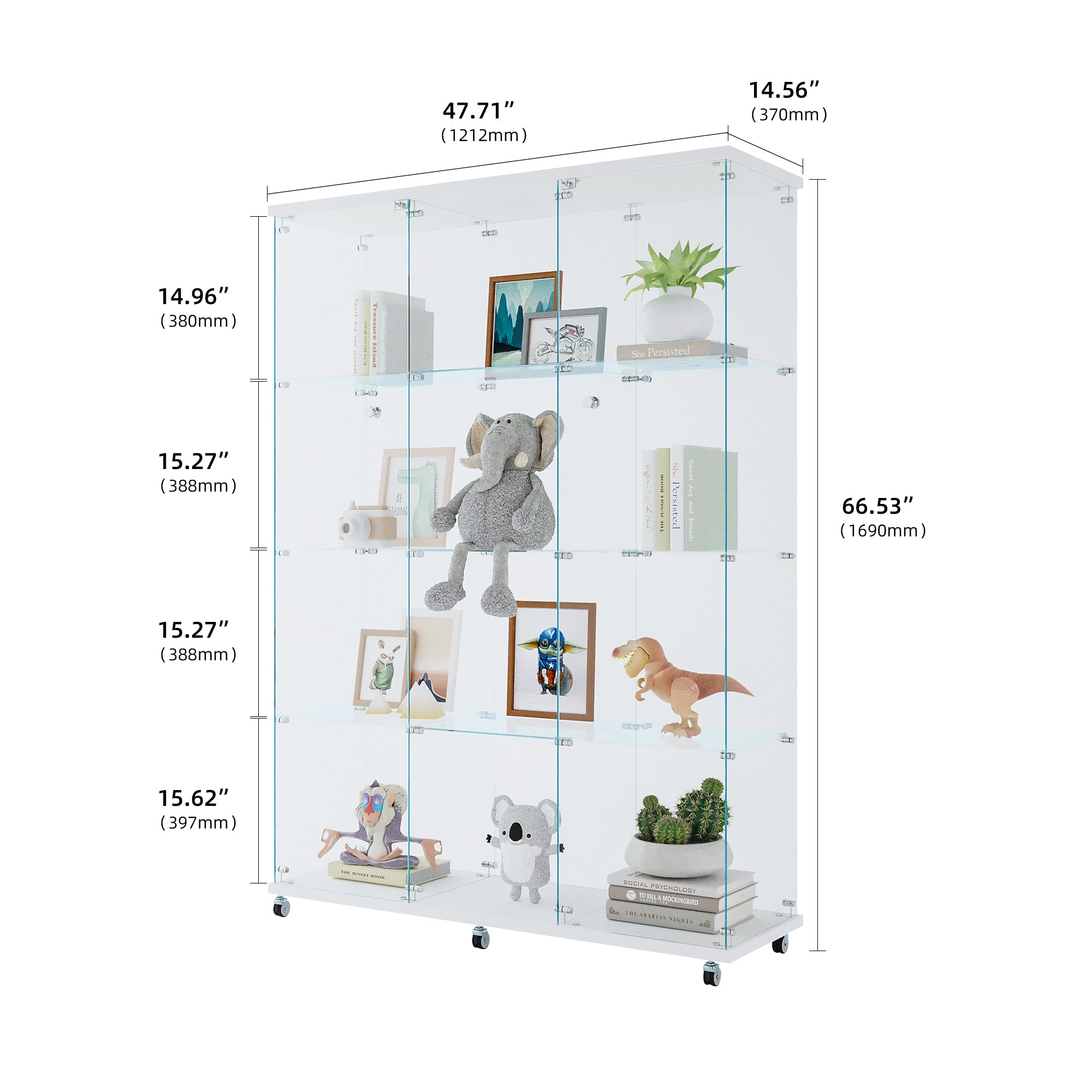 Glass Display Cabinet with 4 Shelves Extra Large, Curio Cabinets for Living Room, Bedroom, Office, Black Floor Standing Glass