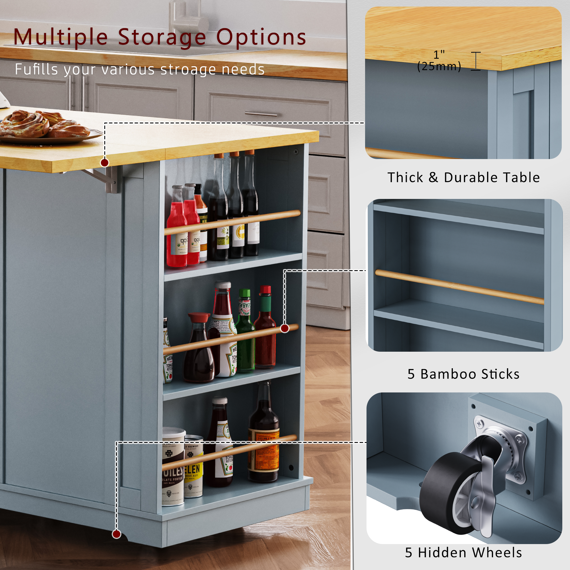 K&K 53inch Large Kitchen Island with 2 Bar Stools,Power Outlet,Door Internal Storage Rack,Kitchen Storage Cart on 5 Wheels with Drop Leaf,5 Open Side Racks,3 Drawers,Grey Blue (Three Packages) - Grand Goldman Shop