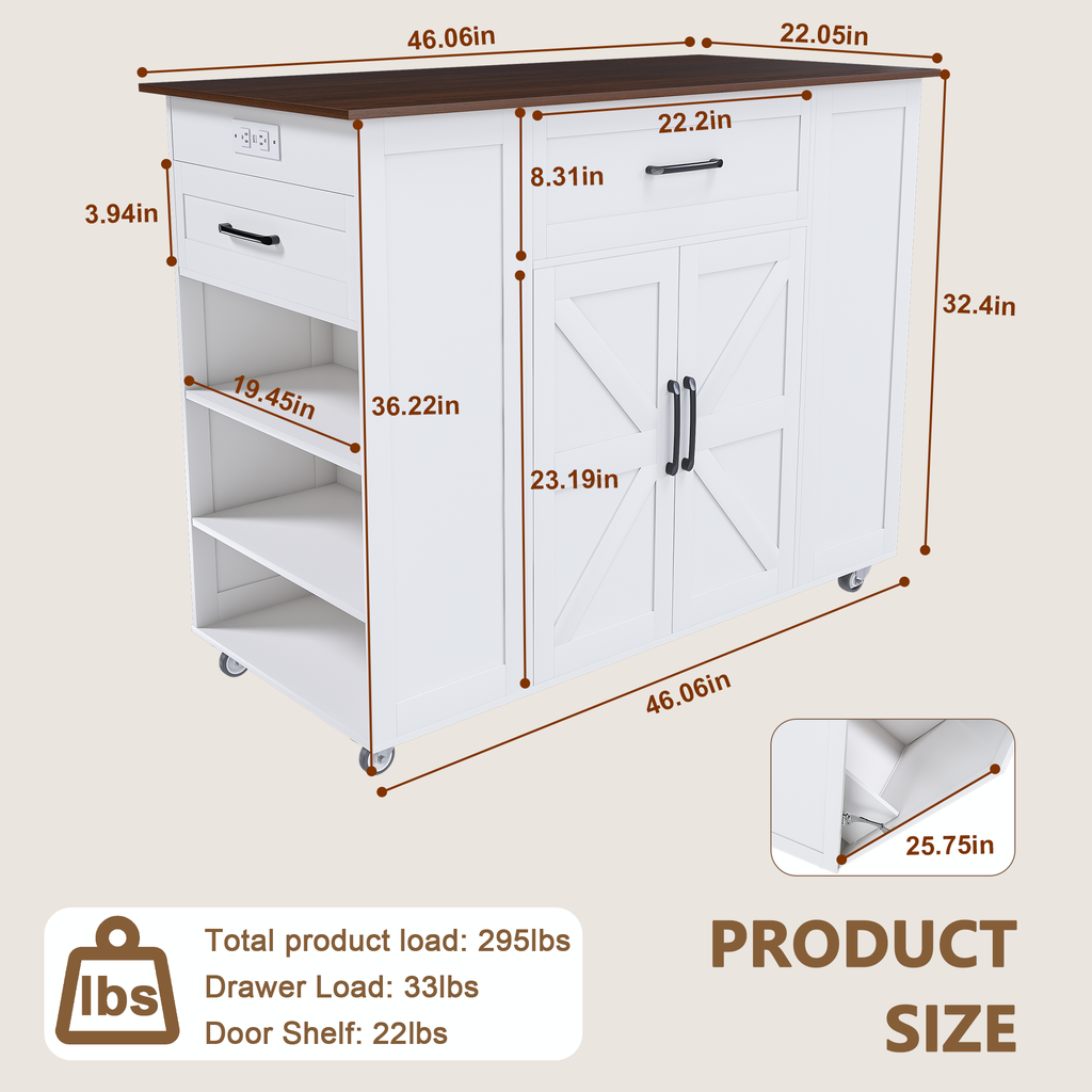 46' Kitchen Island on Wheels with Storage & Power Outlet - Movable Rustic Breakfast Bar Table, Wood Top with Adjustable Shelf & Drawer for Kitchen Dining Living Room, White - Grand Goldman Shop