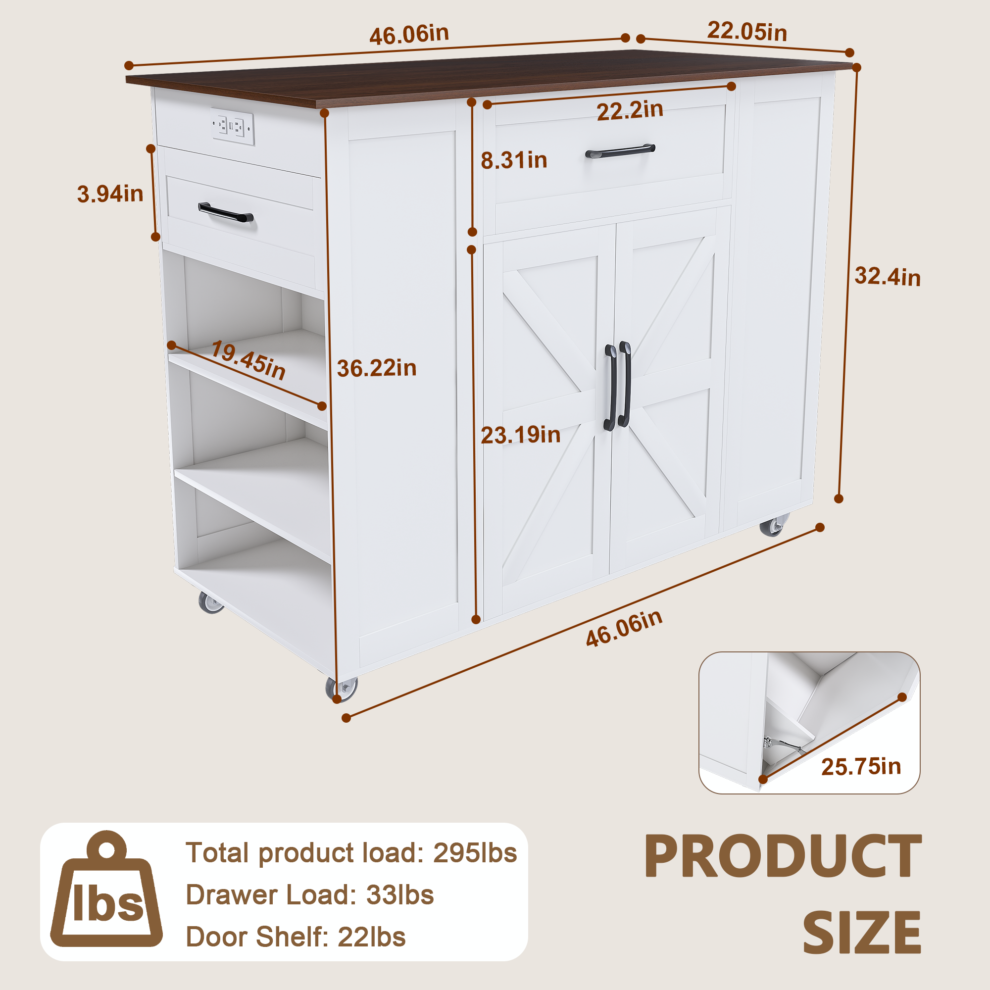 46' Kitchen Island on Wheels with Storage & Power Outlet - Movable Rustic Breakfast Bar Table, Wood Top with Adjustable Shelf & Drawer for Kitchen Dining Living Room, White - Grand Goldman Shop