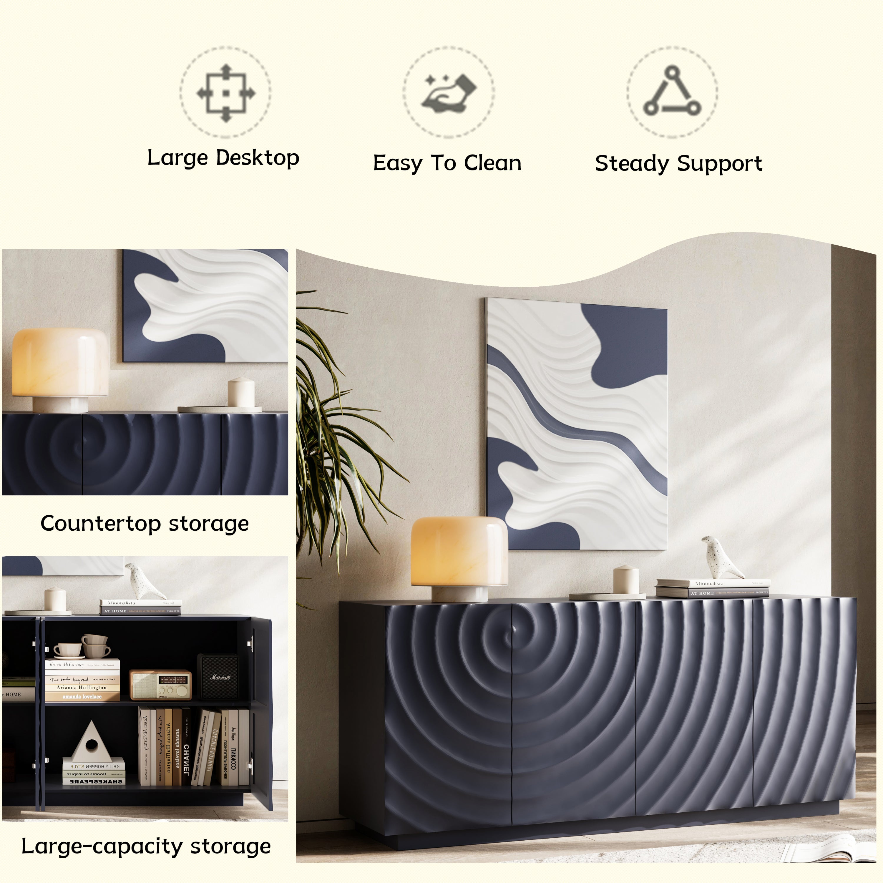 Buffet Cabinet with Storage ,4 Doors Modern Accent Storage Sideboard,Luxurious Floor Cabinet Buffet with Freestanding Anti Dumping for Kitchen, Living Room, 59' Wide Rectangular Sideboard (Navy Blue) - Grand Goldman Shop