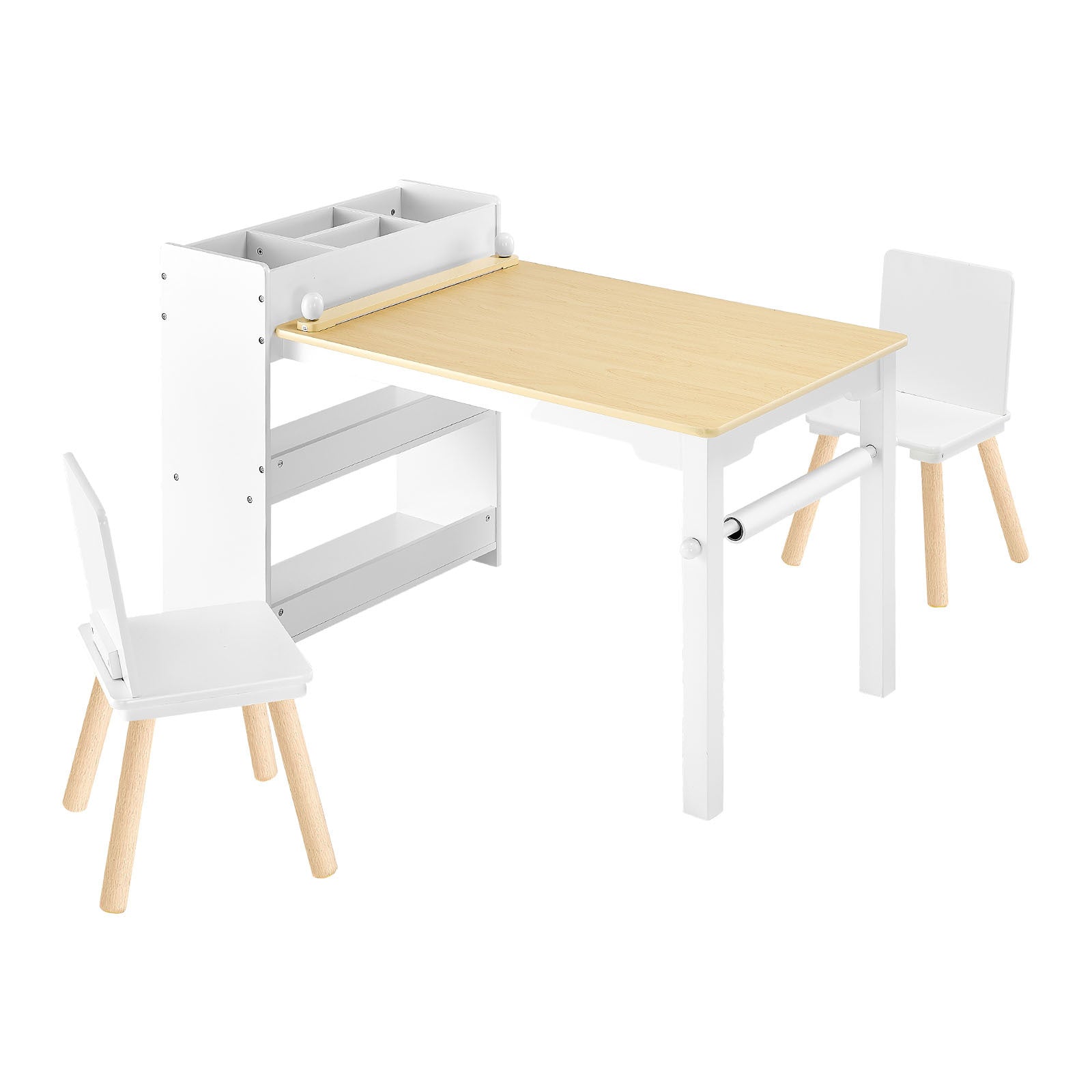 Kids Art Table and Chair Set, Toddler Craft Table with 3 Tiers Storage Cabinet, Wooden Kids Activity Play Desk with 2 Chairs,
