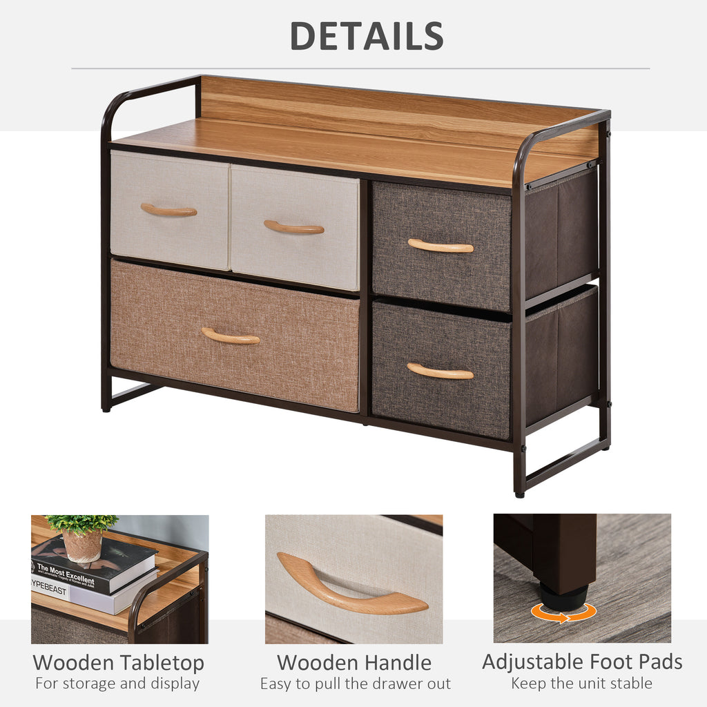 HOMCOM 5-Drawer Dresser, Fabric Chest of Drawers, 2-Tier Storage Organizer for Bedroom Entryway, Tower Unit with Steel Frame Wooden Top, Maple Wood - Grand Goldman Shop