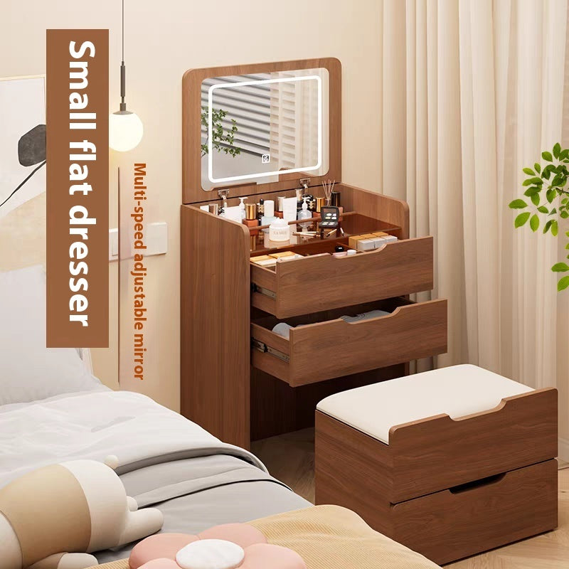 (60cm) 3 in 1 Vanity Desk with Plip Top Mirror, Small Make Up Vanity Set with Visible Glass Desktop, Compact Makeup Vanity with 3 Drawers, Dressing Table for Bedroom (Walnut Color) - Grand Goldman Shop
