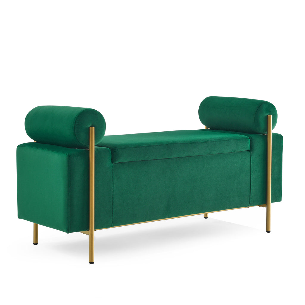 Elegant Upholstered Velvet Storage Bench with Cylindrical Arms and Iron Legs, Green - Grand Goldman Shop