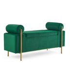 Elegant Upholstered Velvet Storage Bench with Cylindrical Arms and Iron Legs, Green - Grand Goldman Shop