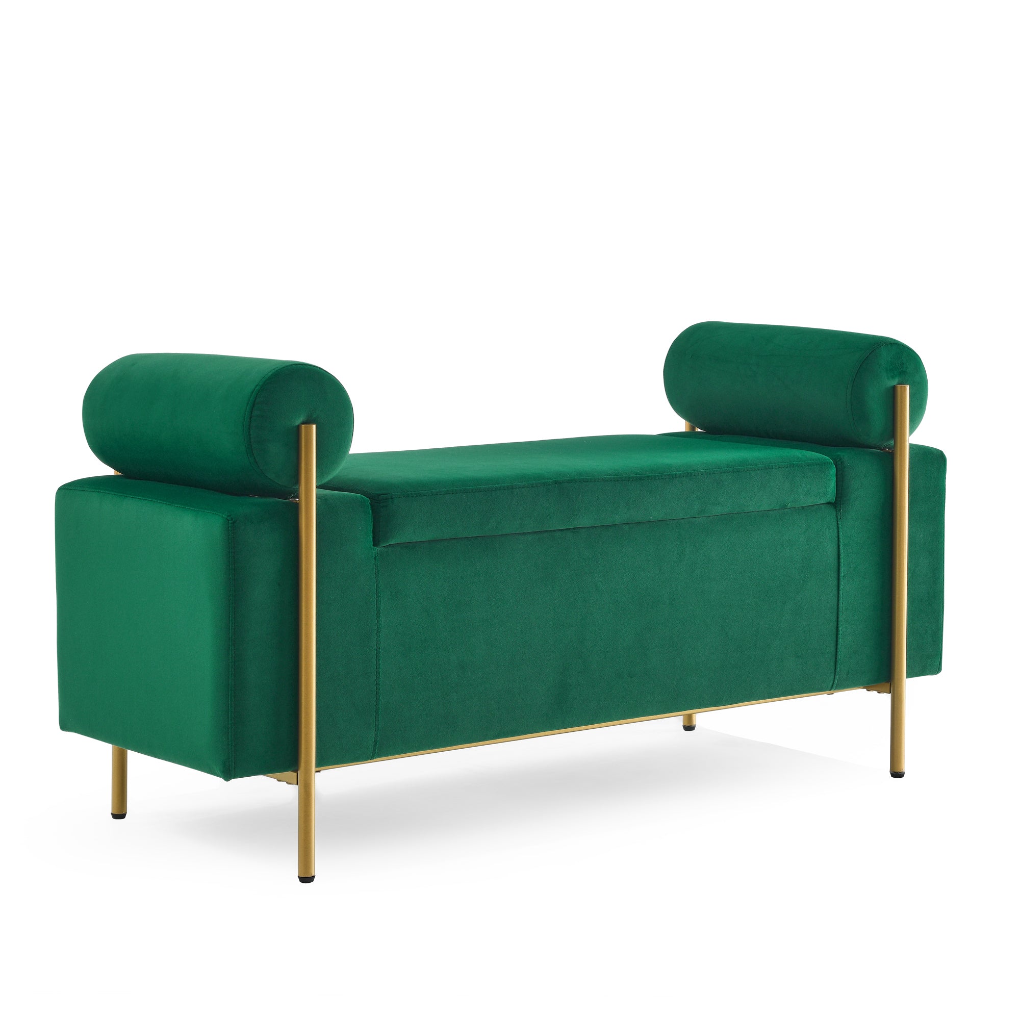 Elegant Upholstered Velvet Storage Bench with Cylindrical Arms and Iron Legs, Green - Grand Goldman Shop