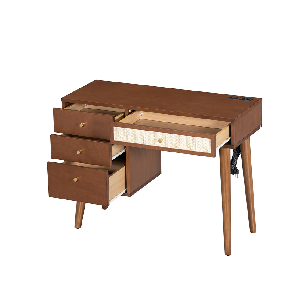 39' Retro Bohemian Style Wooden Makeup Vanity Set with Charging Plug&USB Port and Stool, Dressing Table with 3 Storage Drawers and 1 Rectangular Rattan Drawer, Walnut - Grand Goldman Shop