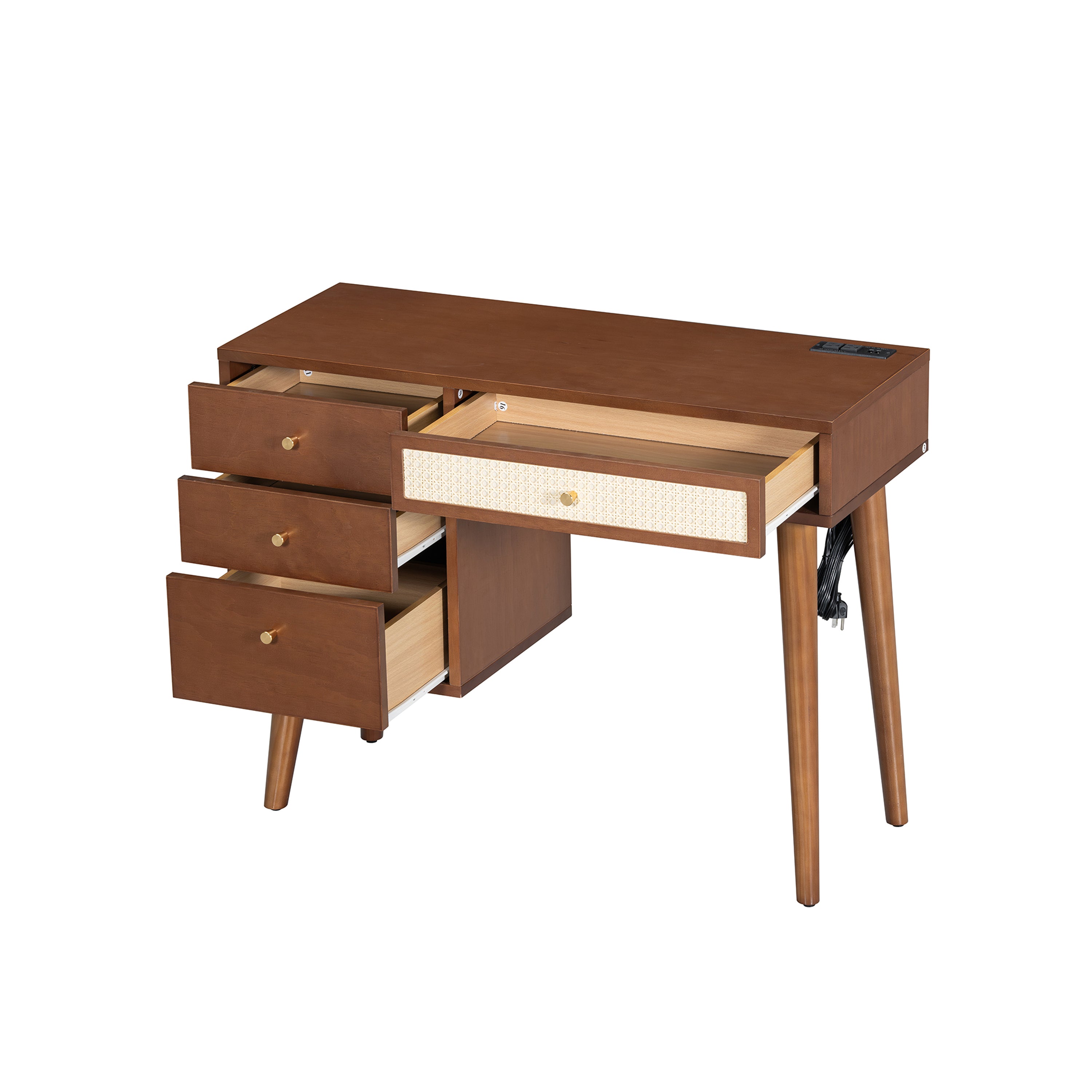 39' Retro Bohemian Style Wooden Makeup Vanity Set with Charging Plug&USB Port and Stool, Dressing Table with 3 Storage Drawers and 1 Rectangular Rattan Drawer, Walnut - Grand Goldman Shop