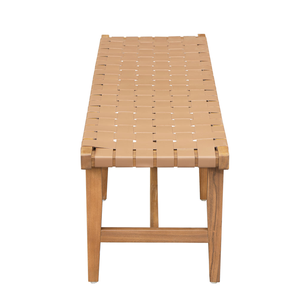 Stylish Acacia Wood Bedroom Bench with Woven PU Leather Seat in Warm Teak Tone, Natural Finish - Grand Goldman Shop