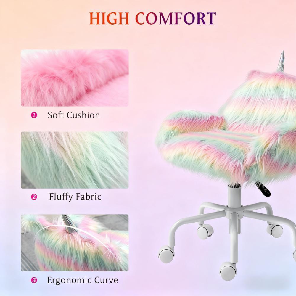 Rainbow Fuzzy Unicorn Office Chair, Plush Desk Chair with Swivel Base, Whimsical & Cozy for Playroom & Office - Grand Goldman