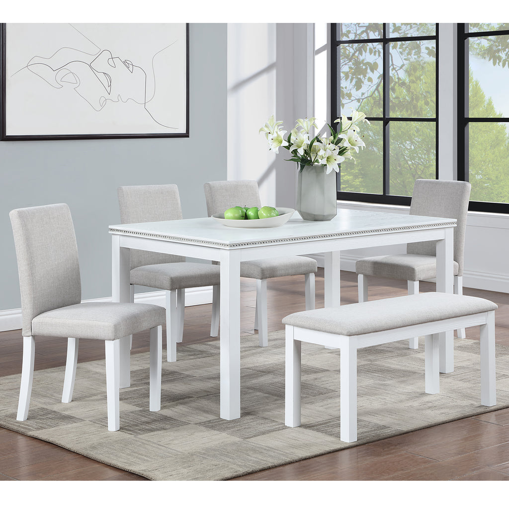 6 Piece Wooden Dining Table Set, Wooden Dining Table with 4 Upholstered Chairs and Bench for 6 People, Rectangular Dining Table Set with Crystal Decoration for Kitchen, Dining Room, White - Grand Goldman Shop