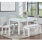 6 Piece Wooden Dining Table Set, Wooden Dining Table with 4 Upholstered Chairs and Bench for 6 People, Rectangular Dining Table Set with Crystal Decoration for Kitchen, Dining Room, White - Grand Goldman Shop