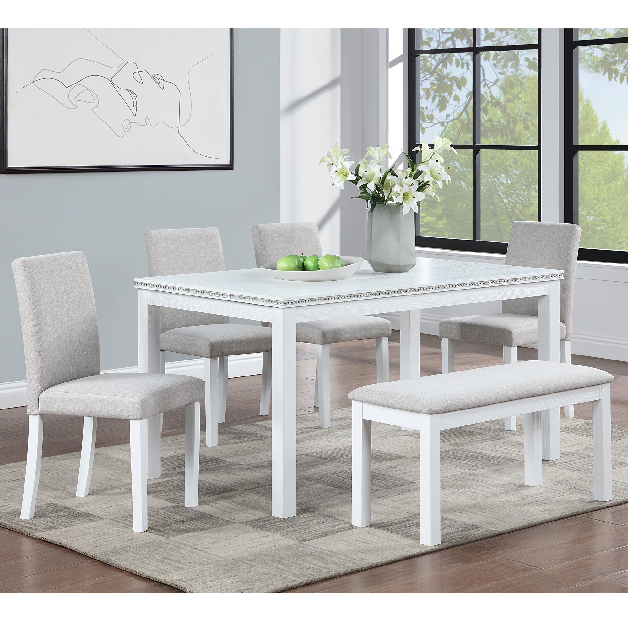 6 Piece Wooden Dining Table Set, Wooden Dining Table with 4 Upholstered Chairs and Bench for 6 People, Rectangular Dining Table Set with Crystal Decoration for Kitchen, Dining Room, White - Grand Goldman Shop